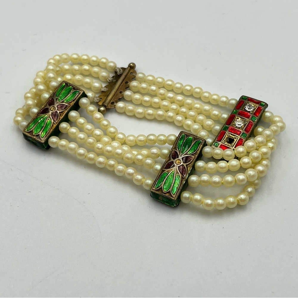 Vintage cloisonné faux pearl rhinestone layered bracelet